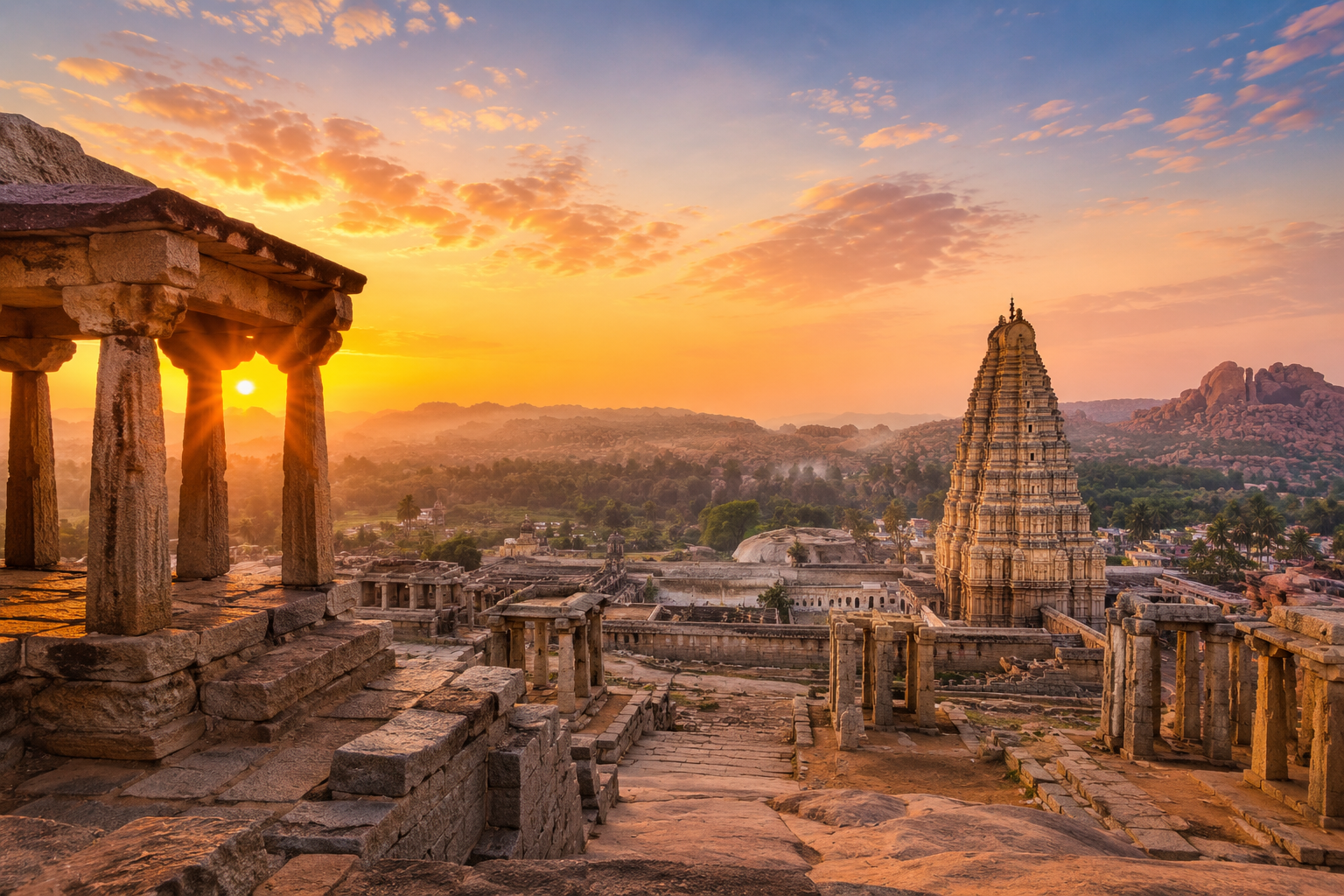 Golden sunrise over ancient ruins